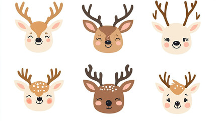 Fototapeta premium Cute Kawaii Deer Faces in Pastel Browns and Creams