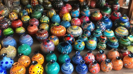 Obraz premium Vibrant Hand-Painted Pottery Vases: A Colorful Collection
