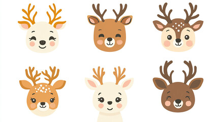 Cute Kawaii Deer Faces in Pastel Colors