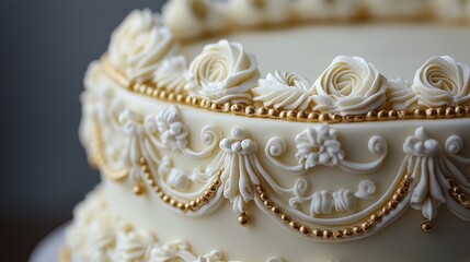 Obraz premium Elegant white cake with intricate gold icing decorations at a celebration event