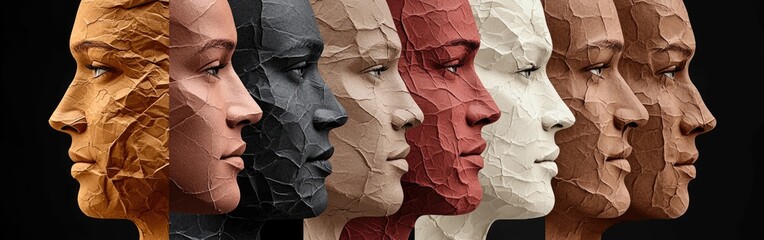 Fototapeta premium Diverse crumpled paper faces showcase unity and humanity in a striking illustration