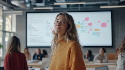 woman in cozy sweater smiles in modern conference room filled with people. large screen displays colorful notes and ideas, creating collaborative atmosphere