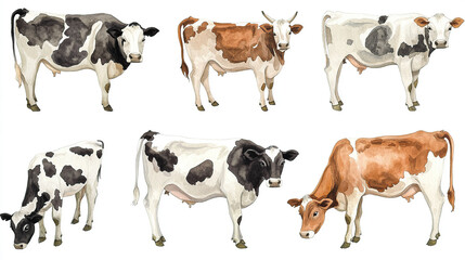 Fototapeta premium Watercolor Illustration of Diverse Cows