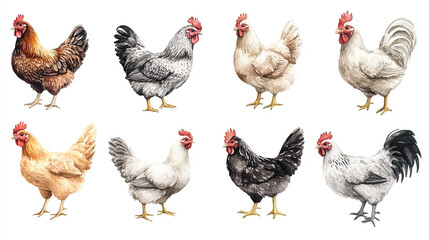 Watercolor Illustration of Diverse Chicken Breeds