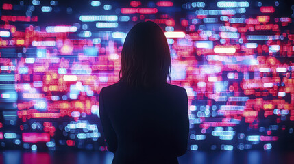 businesswoman visualizing digital data in futuristic environment