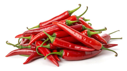 A vibrant pile of fresh red chili peppers isolated on white background, perfect for food, spice, and culinary-related design projects.