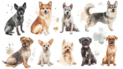 Watercolor Illustration of Diverse Dog Breeds Portraits