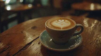 Fototapeta premium A coffee cup with a heart design on it sits on a wooden table