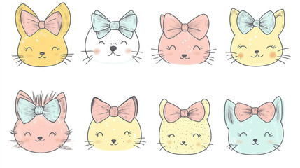 Obraz premium Pastel Kawaii Animal Faces with Bows