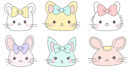 Fototapeta premium Cute Pastel Kawaii Animal Faces with Bows