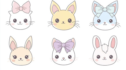 Fototapeta premium Cute Kawaii Pastel Animal Faces with Bows
