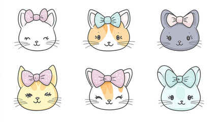 Cute Pastel Kawaii Animal Faces with Bows