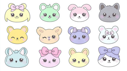 Pastel Kawaii Animal Faces with Bows