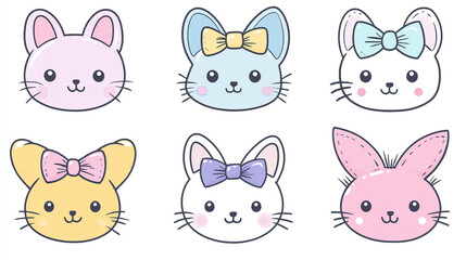 Obraz premium Cute Pastel Kawaii Animal Faces with Bows Vector