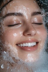 A serene and tranquil image capturing a woman in a moment of joyous relaxation, submerged in a bubbly bath with water droplets flying around her face, her eyes closed in blissful contentment. The soft