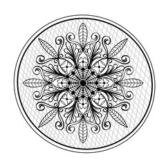 A black and white image of a circular design. Creative mandala on a white background. Ornament in a circle