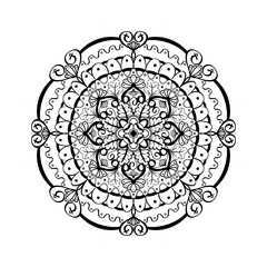 A black and white image of a circular design.  Custom mandala on a white background. Ornament in a round design