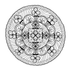 A black and white image of a circular design. Pattern in a round design on a white background. Volumetric mandala. Ornament for decorative design