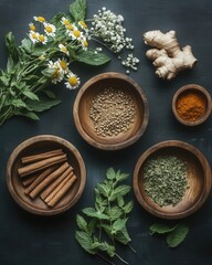 Aromatic Herbal Tea Ingredients Arranged in Wooden Bowls for Wellness Rituals