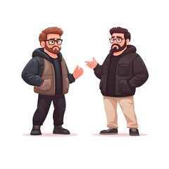 Two Stylized Men in Casual Outfits Engaging in Conversation