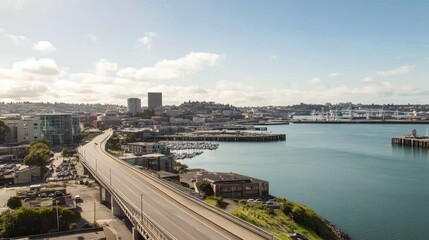 A high-angle view of a waterfront city with modern architecture and bridges.