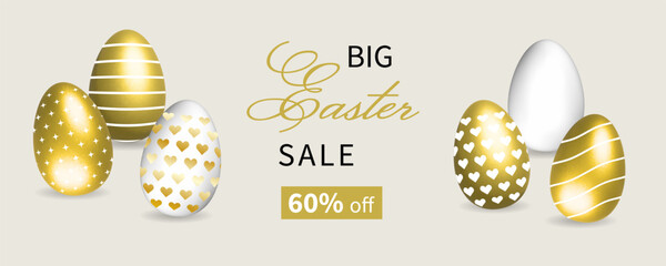 Sale banner Easter on beige background with 3d golden eggs. Elegant vector banner, poster, discount coupon