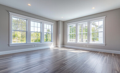 Fototapeta premium bright, empty room with three large windows and wooden flooring, allowing natural light to fill space. room features neutral colored walls and recessed lighting, creating serene atmosphere