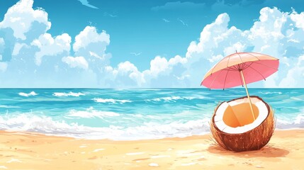 Relaxing beach setting with coconut half and pink umbrella under a clear sky