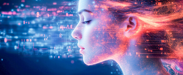 Creative representation of a woman with digital elements illustrating technology and data interaction