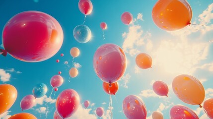 Fototapeta premium Colorful balloons floating against a clear blue sky on a sunny day