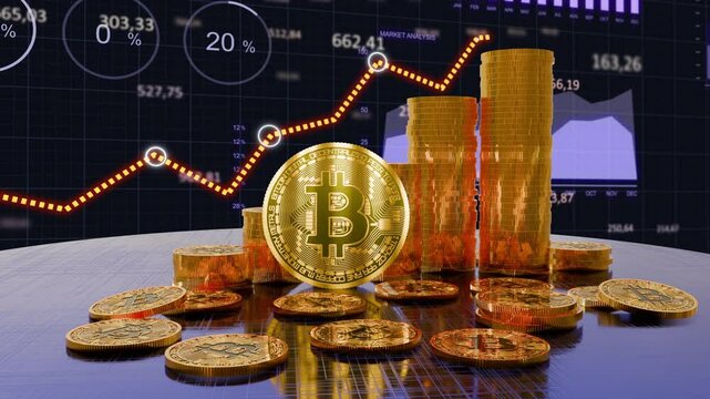 Dynamic representation of cryptocurrency investment Bitcoin coins and charts