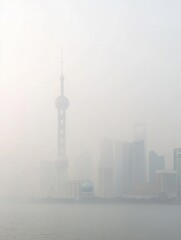 Obraz premium City skyline obscured by smog with industrial chimneys emitting thick smoke in urban landscape during hazy weather. Generative AI