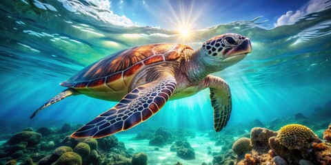 Fototapeta premium Breathtaking drone footage: a sea turtle glides gracefully through ocean depths.