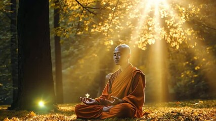 A tranquil scene of a monk sitting in meditation amidst golden rays of sunlight. This video reflects calmness and inner peace. Ideal for mindfulness and nature themes. Generative AI