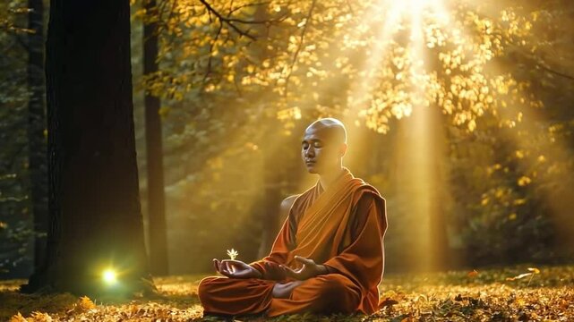 A tranquil scene of a monk sitting in meditation amidst golden rays of sunlight. This video reflects calmness and inner peace. Ideal for mindfulness and nature themes. Generative AI
