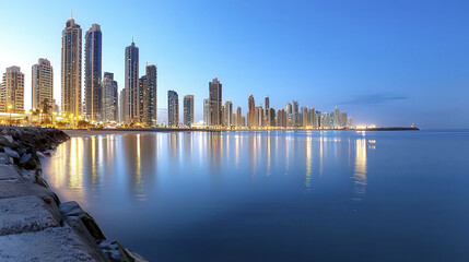 Fototapeta premium stunning skyline of Dubai at dusk, showcasing modern skyscrapers reflecting on calm waters