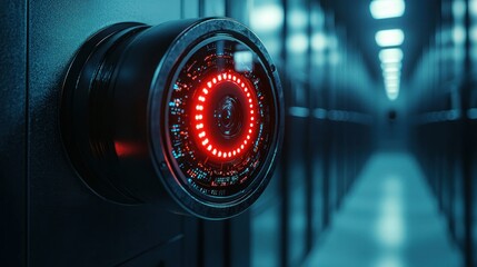 Red security camera in server room corridor