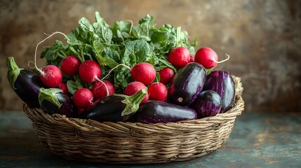 Colorful Display of Assorted Organic Vegetables and Herbs Arranged in a Rustic Woven Basket with Softly Blurred Background   Perfect for Culinary Lifestyle or Healthy Eating Concepts