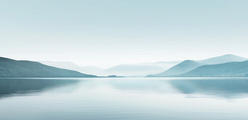 serene landscape of calm water and distant mountains under clear sky, evoking tranquility and peace. gentle ripples on water mirror soft hues of sky, creating harmonious scene