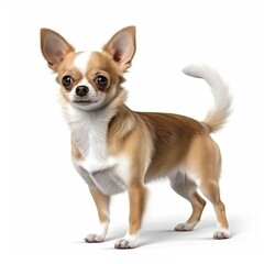 Obraz premium Fawn colored chihuahua with short coat posing confidently, highlighting compact size and alert stance against pristine white backdrop