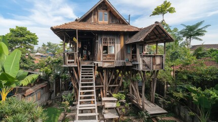 Unique Wooden Treehouse in Lush Tropical Setting