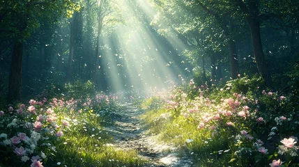 Fototapete Rund Sunbeams illuminate a magical forest path lined with pink flowers. © mafaza