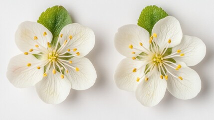 Two Delicate White Cherry Blossoms with Yellow Stamen on a Soft White Background