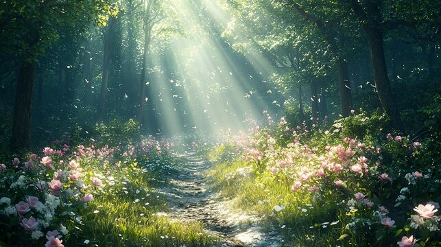 Fototapeta Sunbeams illuminate a magical forest path lined with pink flowers.