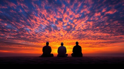 Silhouetted figures at sunset meditation