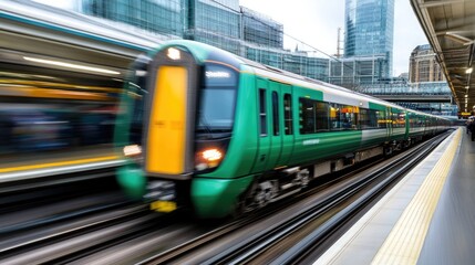 Obraz premium A modern commuter train arriving at an urban station with motion blur.