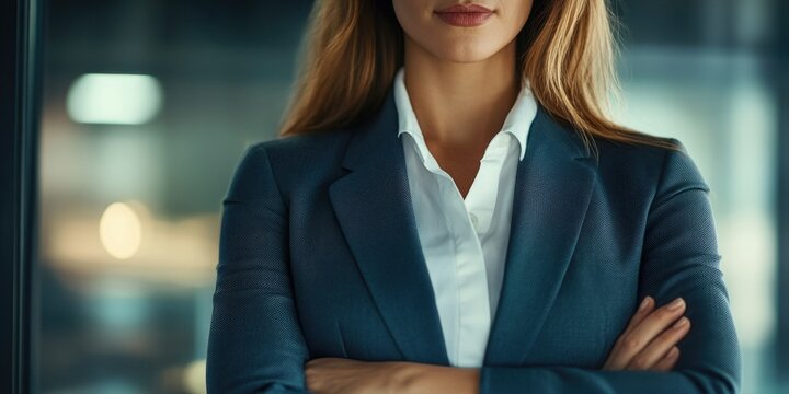 A woman in a corporate setting, exuding confidence and professionalism. Her posture is assertive as she looks directly into the camera. The image captures her full body, from shoulders to waist, with