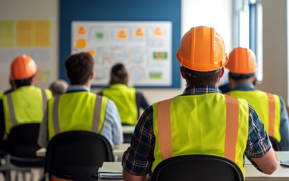 Construction workers attending a safety training course in a classroom - Powered by Adobe