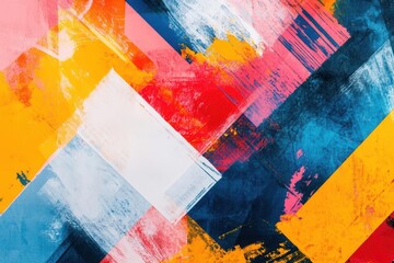 Obraz premium Colorful Abstract Painting Featuring Geometric Shapes and Vibrant Colors in Trendy Risograph Style