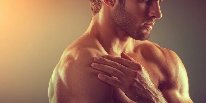 High-resolution promotional image showcasing a sculpted male athlete for bodybuilding and fitness supplements, set against a sleek background.